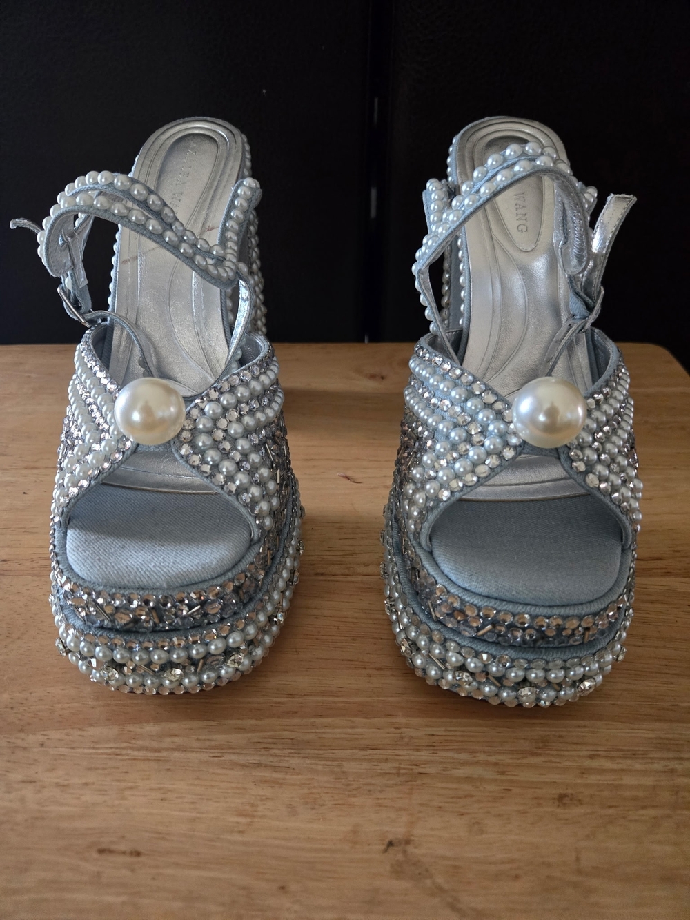 Azalea Wang Something Blue pearl embellished platform heeled sandals.  Size 8.5